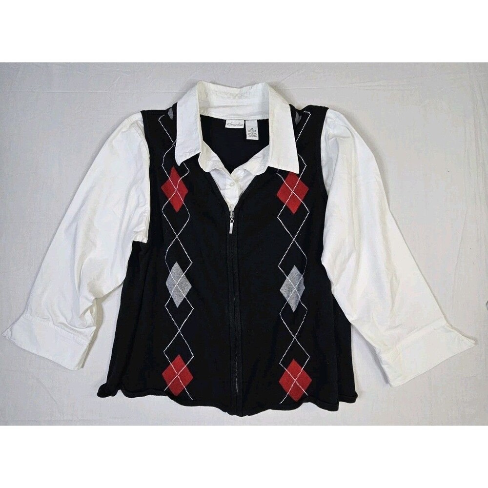 Kim Rogers Sweater Vest Shirt Women’s 2X Argyle 2-In-1 Faux Layered Top Preppy